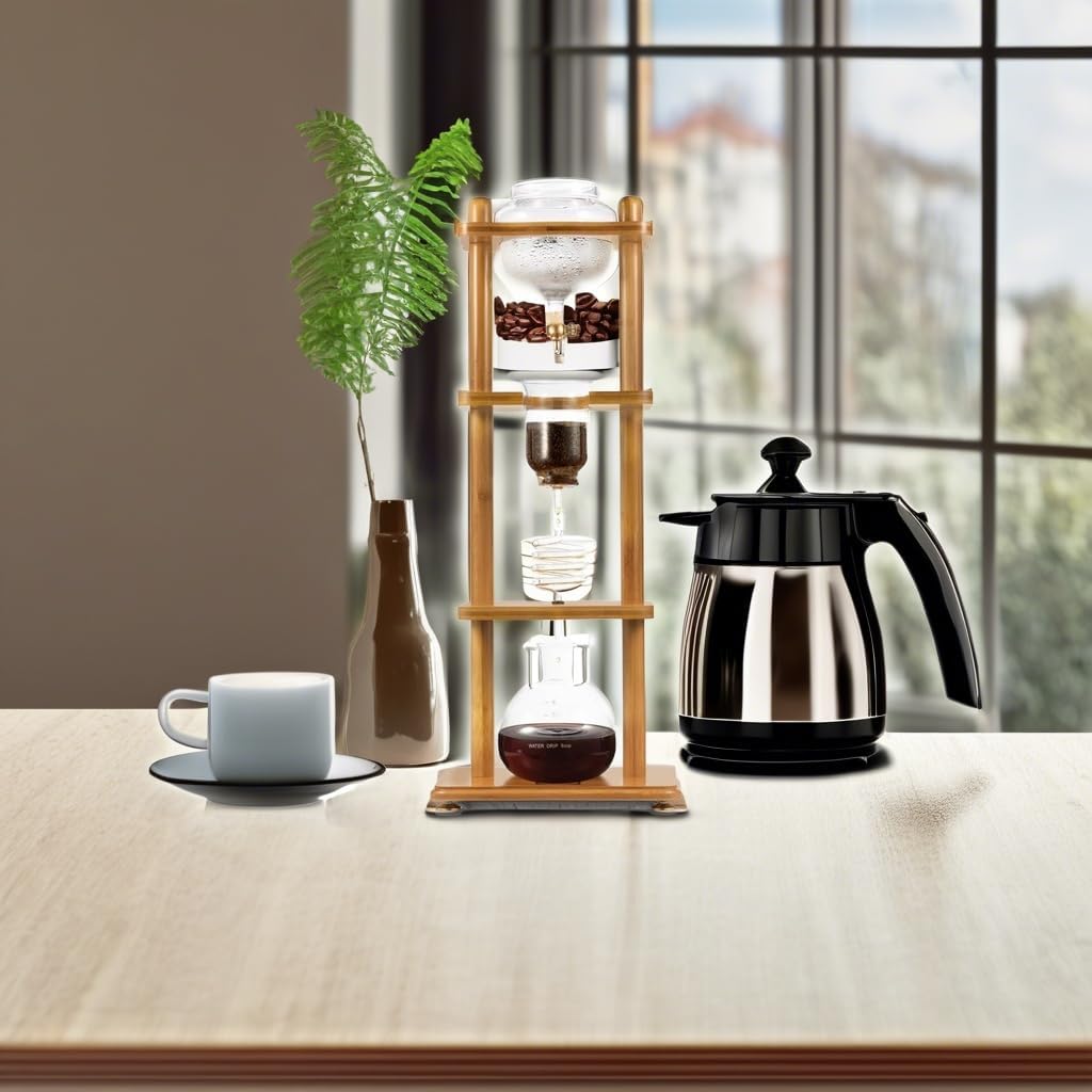 Yama Cold Brew Maker I Ice Coffee Machine With Slow Drip Technology I Makes 6-8 cups (32oz), Large Capacity Cold Brew Coffee Tower, Brown Wood Curved Frame