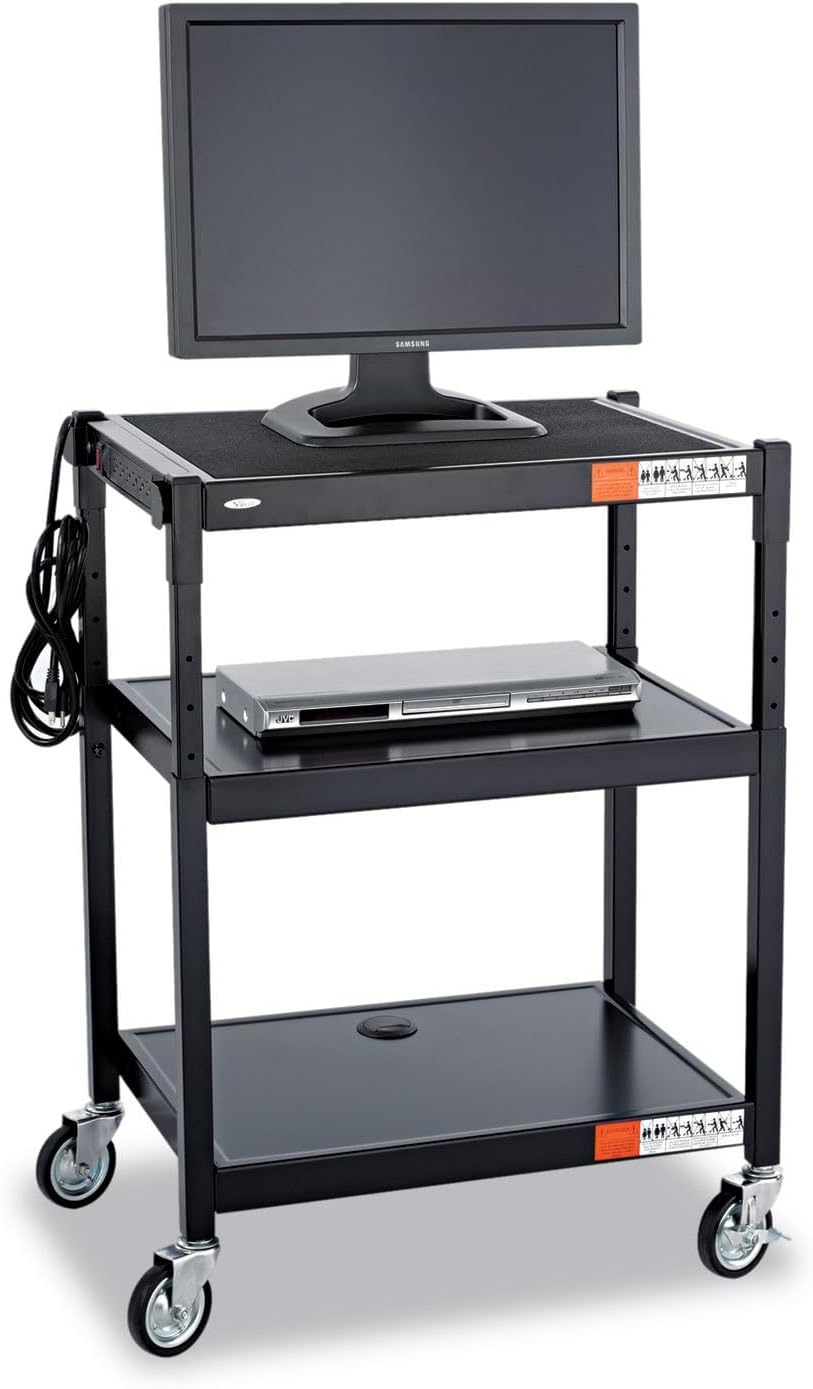 Pemberly Row Black Steel Mobile Media Cart, Adjustable Height 28-36 in, 3 Shelves 24 x 18 in, Powder Coated Finish, Swivel Casters with 2 Locking