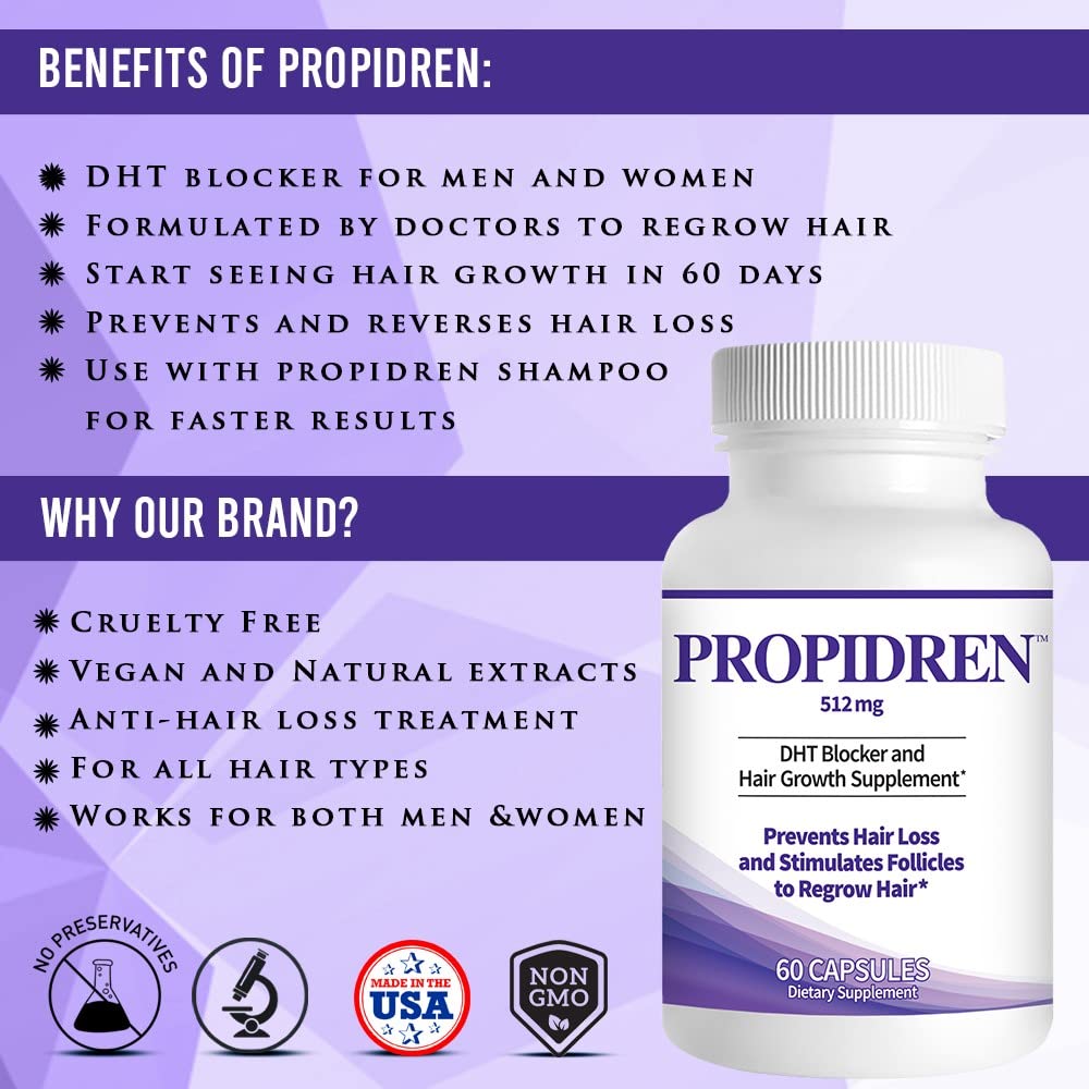 Propidren DHT Blocker & Hair Growth Pills To Stop Hair Loss and Regrow Hair | Hair Vitamins for Men & Women, Regrowth, DHT Blocking, Thinning Hair