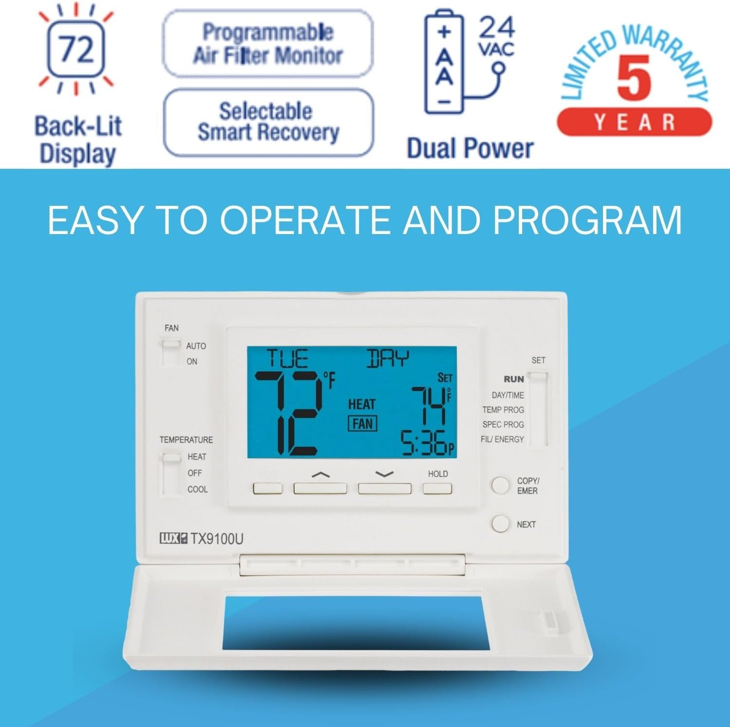 P521U Programmable 5-2 Day Thermostat for Home Use; 2 Heat, 1 Cool