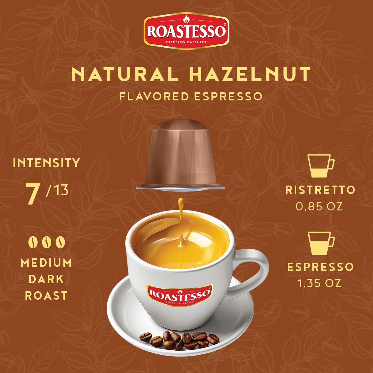 Roastesso, Aluminum Espresso Capsules, Flavors Variety Pack, Natural Flavored Coffee Pods with French Vanilla, Caramel, Chocolate & Hazelnut