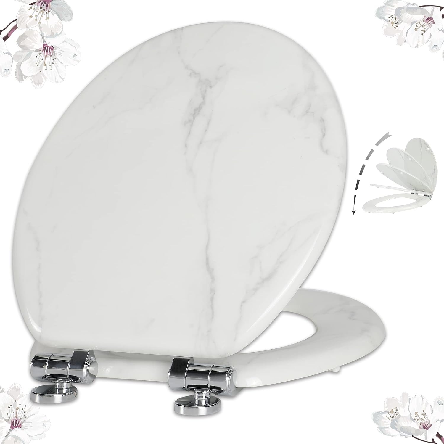 Angel Shield Marble Toilet Seat Durable Molded Wood with Quiet Close,Easy Clean，Quick-Release Hinges (Elongated,Black Marble)