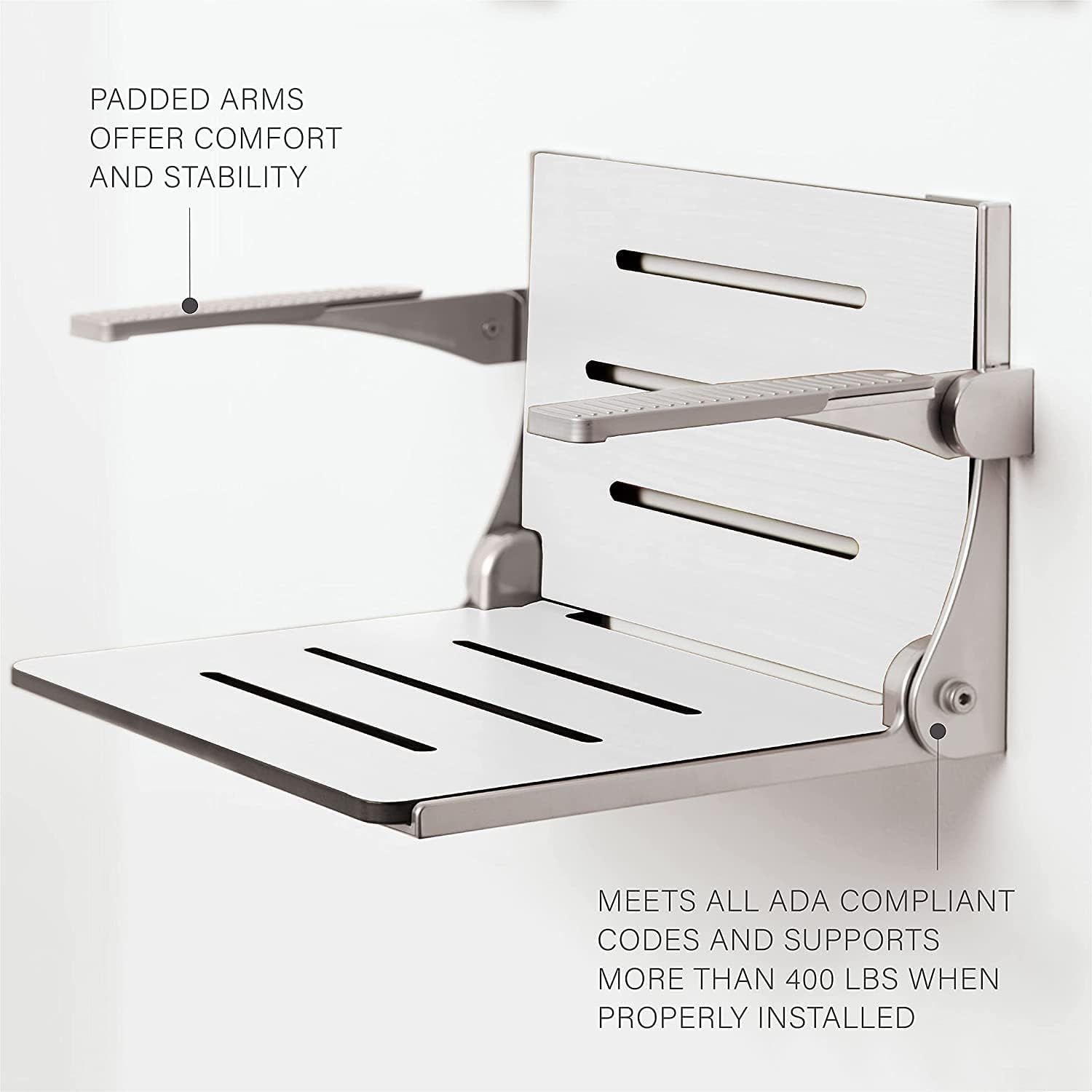 Seachrome Silhouette Comfort Folding Wall Mount Shower Bench Seat with Arms, Teak Seat with Silver Frame