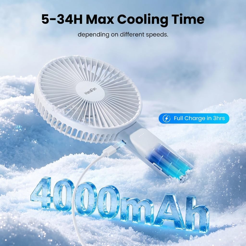 HandFan Quiet 6 Inch Handheld Fan [34H Max Cooling Time], 6 Speed Rechargeable Personal fan and Desktop with Base