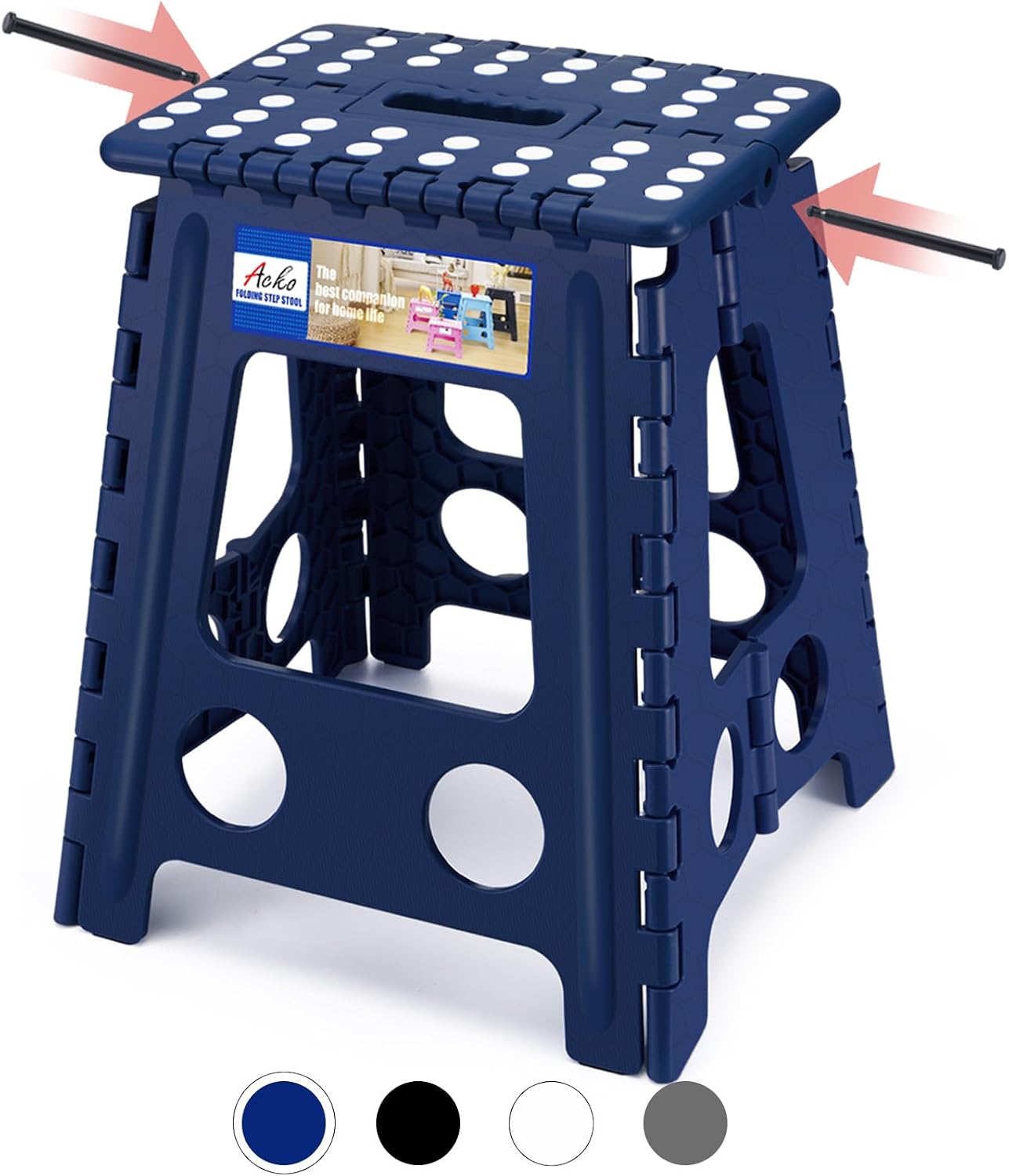 ACKO 13 Inch Folding Step Stool, Holds 300 lb for Adults and Kids, Black | Collapsible Heavy Duty Foldable Stools, Portable Non-Slip Foot Stepping stool, Kitchen Bathroom Bedroom Outdoor with Handle