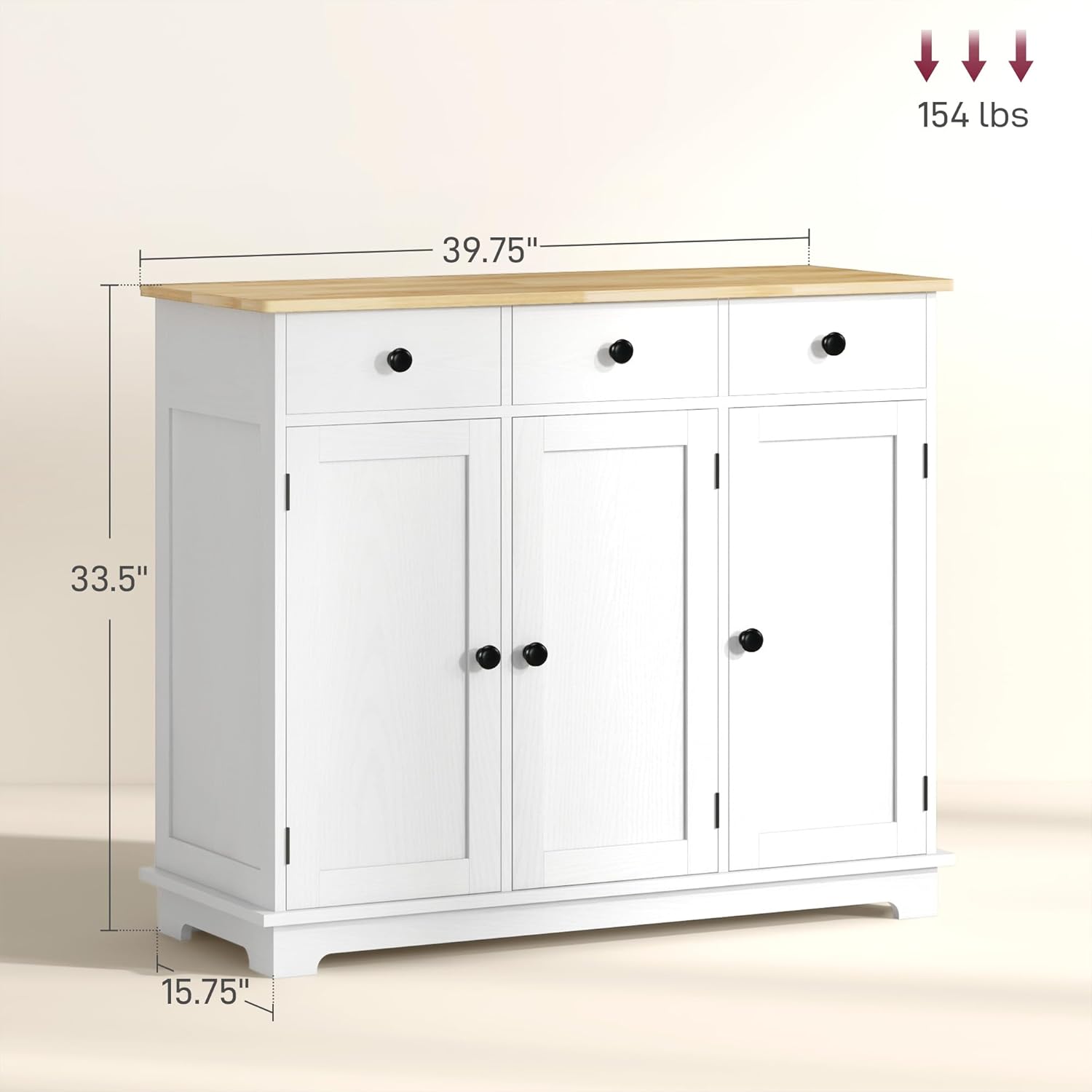HOMCOM Sideboard Buffet Cabinet Solid Wood Countertop White