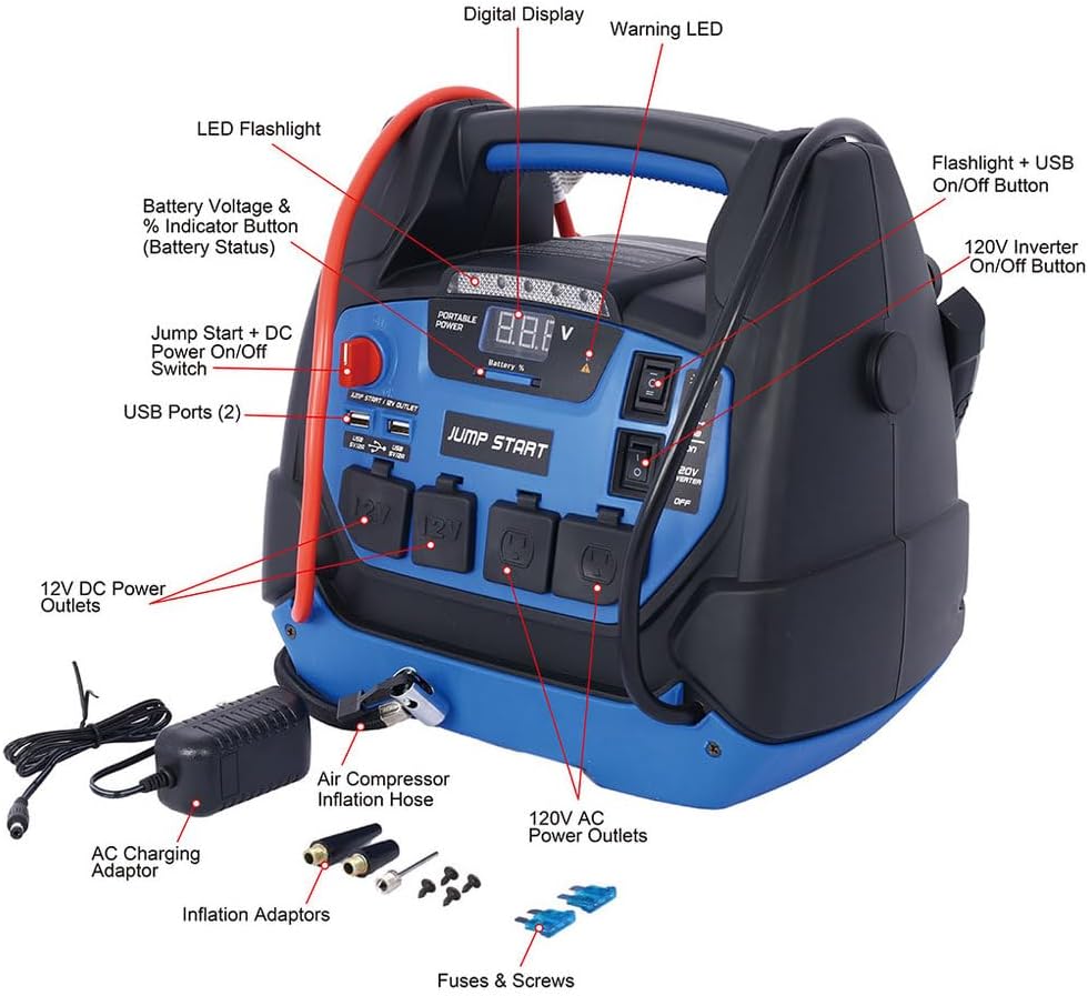 1800 Peak Amp Jump Starter with Air Compressor, 6-in-1 Portable Power Station, 12V AGM Battery Booster for Up to 8.0L Gas & 6.0L Diesel Engines