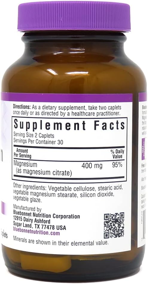 Bluebonnet Nutrition Magnesium Citrate, 400mg of Magnesium, Maximum Absorption, Supports Immune Health & Energy Production*, Soyfree, Gluten-Free, Non-GMO, Kosher, Dairy Free, Vegan, 120 Caplets | Supports Immune Health & Energy Production; Non-GMO, Vega…