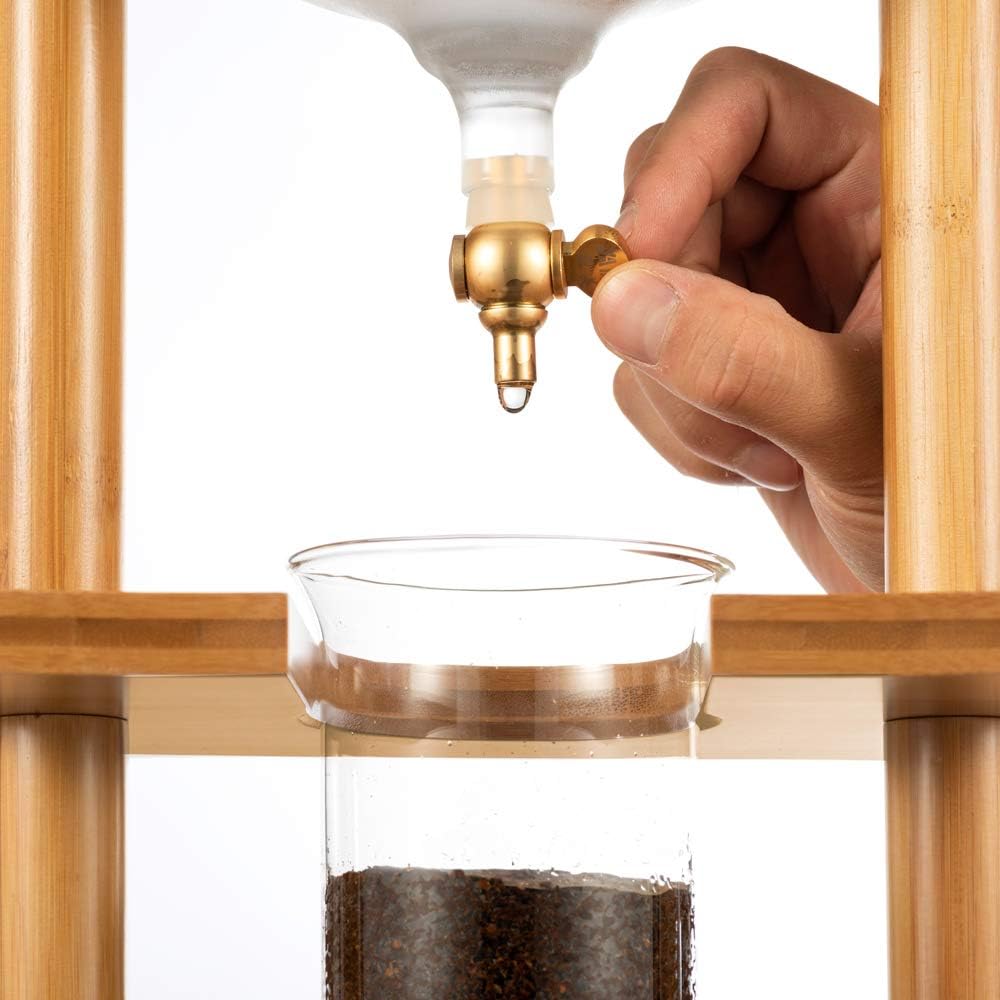 Yama Cold Brew Maker I Ice Coffee Machine With Slow Drip Technology I Makes 6-8 cups (32oz), Large Capacity Cold Brew Coffee Tower, Brown Wood Curved Frame