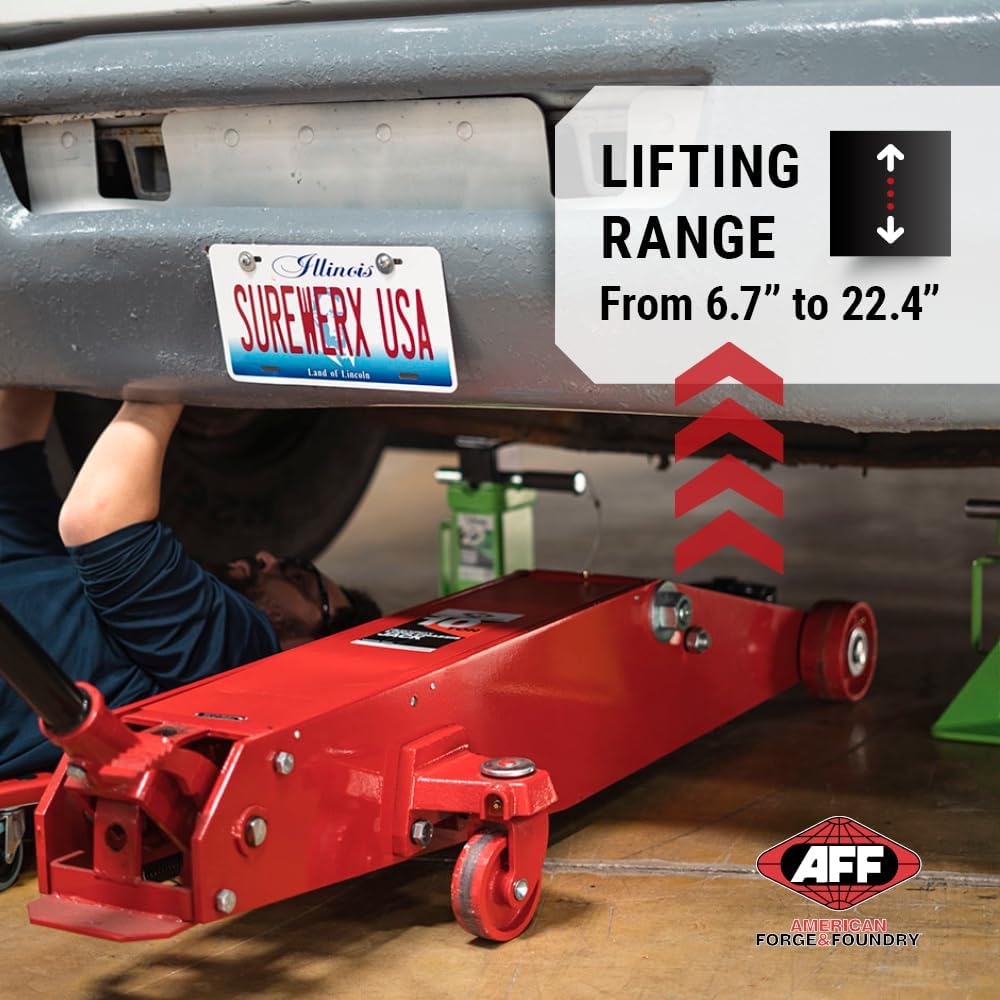 AFF 10 Ton Air Hydraulic Long Chassis Jack - for Long Overhang Vehicles | 10 T Floor Jack with Foot Pump & 3-Position Lock Handle - Ideal for Repair Shops, Bus & Truck Fleets, Heavy Duty Equipment