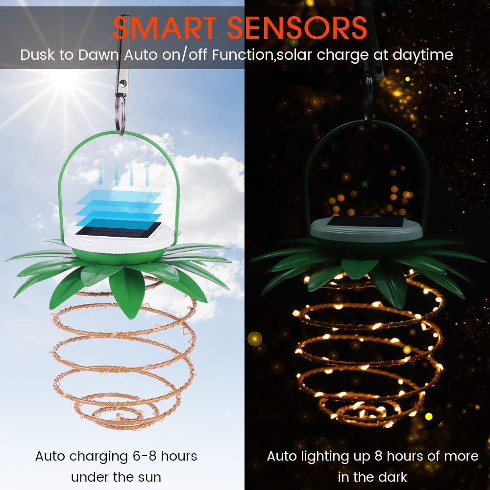 2 Pack Pineapple Solar Lights Outdoor Waterproof Garden Hanging Lamp 60 LED Dusk to Dawn Sensor Solar Lantern Lamp for Patio Yard Pathway Porch