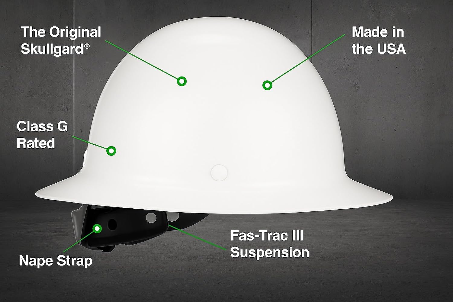 MSA Skullgard Full-Brim Hard Hat with Suspension - Non-Slotted Cap, Made of Phenolic Resin, Radiant Heat Loads up to 350F, Standard Size Hard Hat | Fas-Trac III Ratchet Suspension