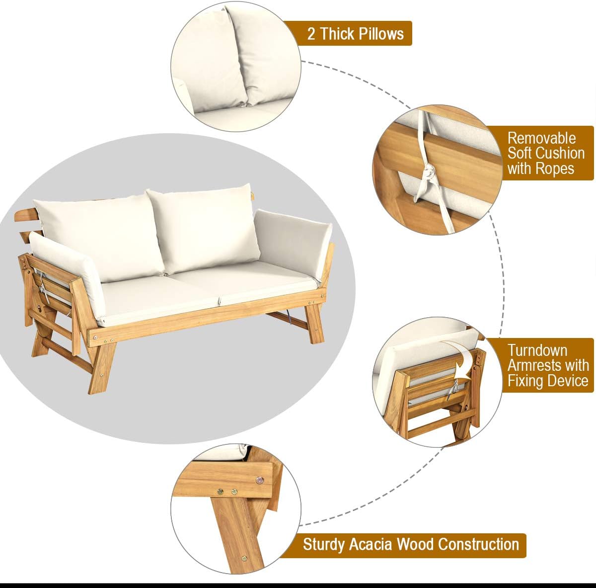 Tangkula Convertible Acacia Wood Patio Couch Sofa Bed with Adjustable Armrest, Outdoor Daybed with Cushion & Pillows