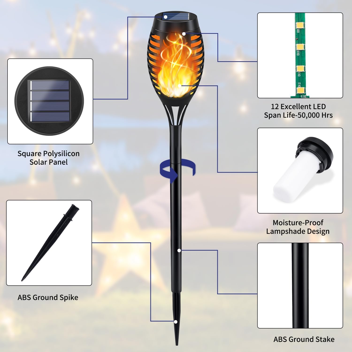 KYEKIO 12Pack Solar Torch Light with Flickering Flame for Halloween Decor