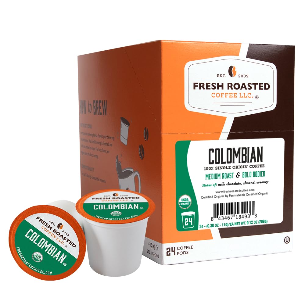 Fresh Roasted Coffee, Organic Colombian K-Cup Pods for Keurig Brewers, Medium Roast, USDA Organic, Kosher, 24 Count (Pack of 3)