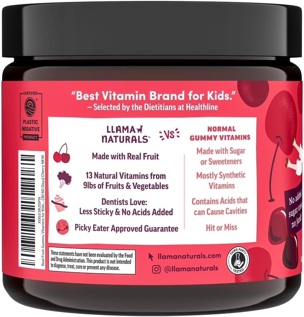 Llama Naturals Kids Multivitamin Gummies | Real Fruit, No Added Sugar Cane | Organic Vegan Toddler Whole Food Vitamins | Vitamin D, C & Beta Carotene Gummy Supplement | Cherry 90 Ct (1-2 Months)