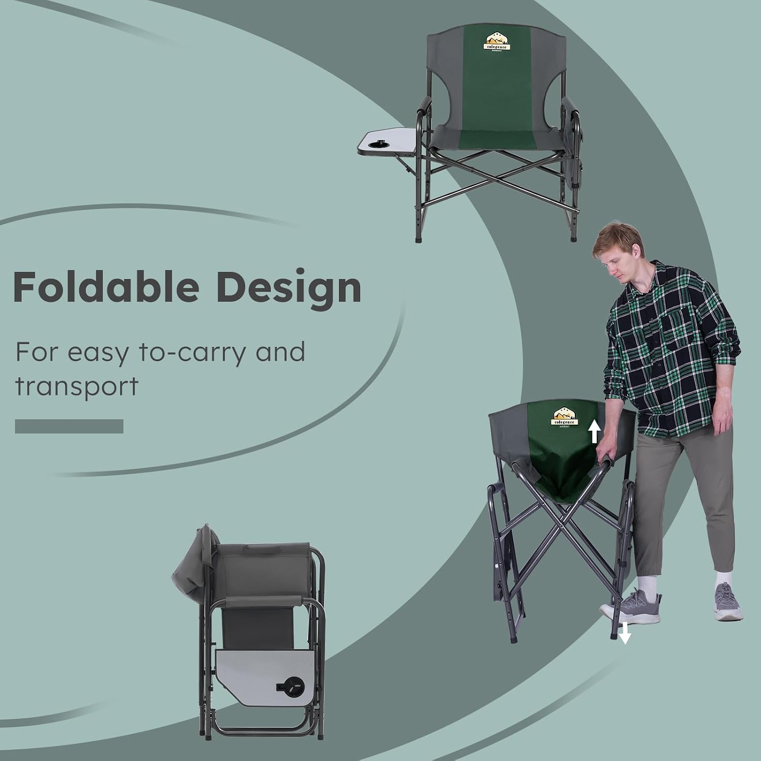 Colegence Oversized Directors Camping Chair for Adults, 600 lb, Black | Heavy duty folding outdoor chair with 28" wide seat, supportive back, side table, cup holder and detachable storage pocket