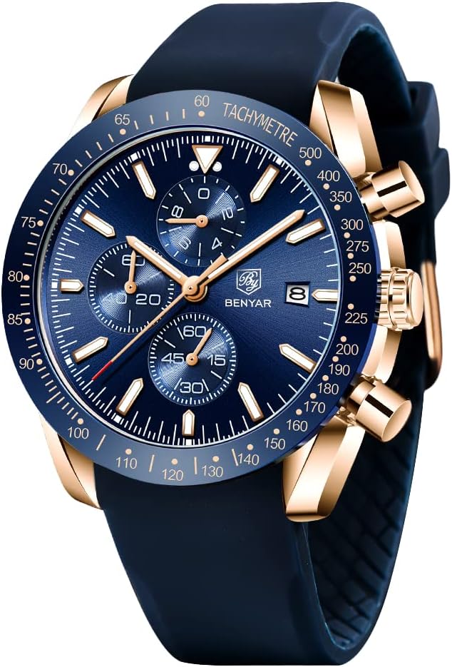 BENYAR Watch for Men Analog Quartz Chronograph Waterproof Luminous Designer Mens Wrist Watches Business Work Sport Casual Dress Watch with Silicone Strap Elegant Gifts for Men