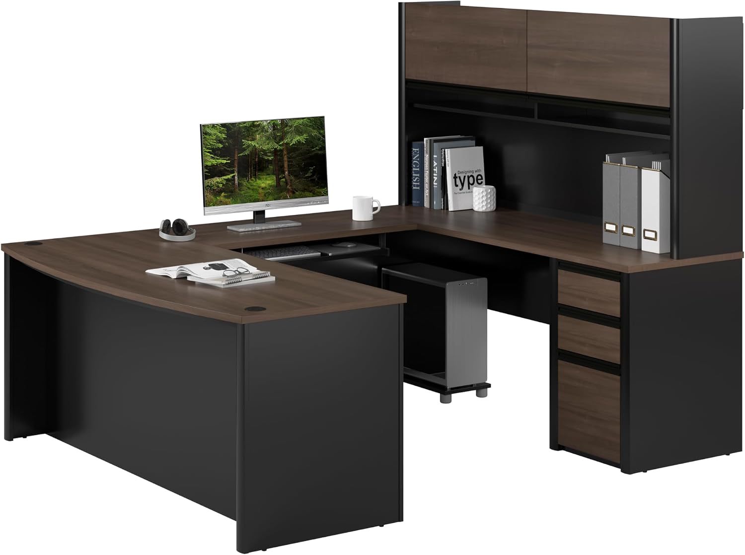 Bestar Connexion U-Shaped Workstation with Three Drawers, 72W, Slate/Sandstone | With Three Drawers; Durable 1" commercial grade work surface with melamine finish that resist scratches; for home office use