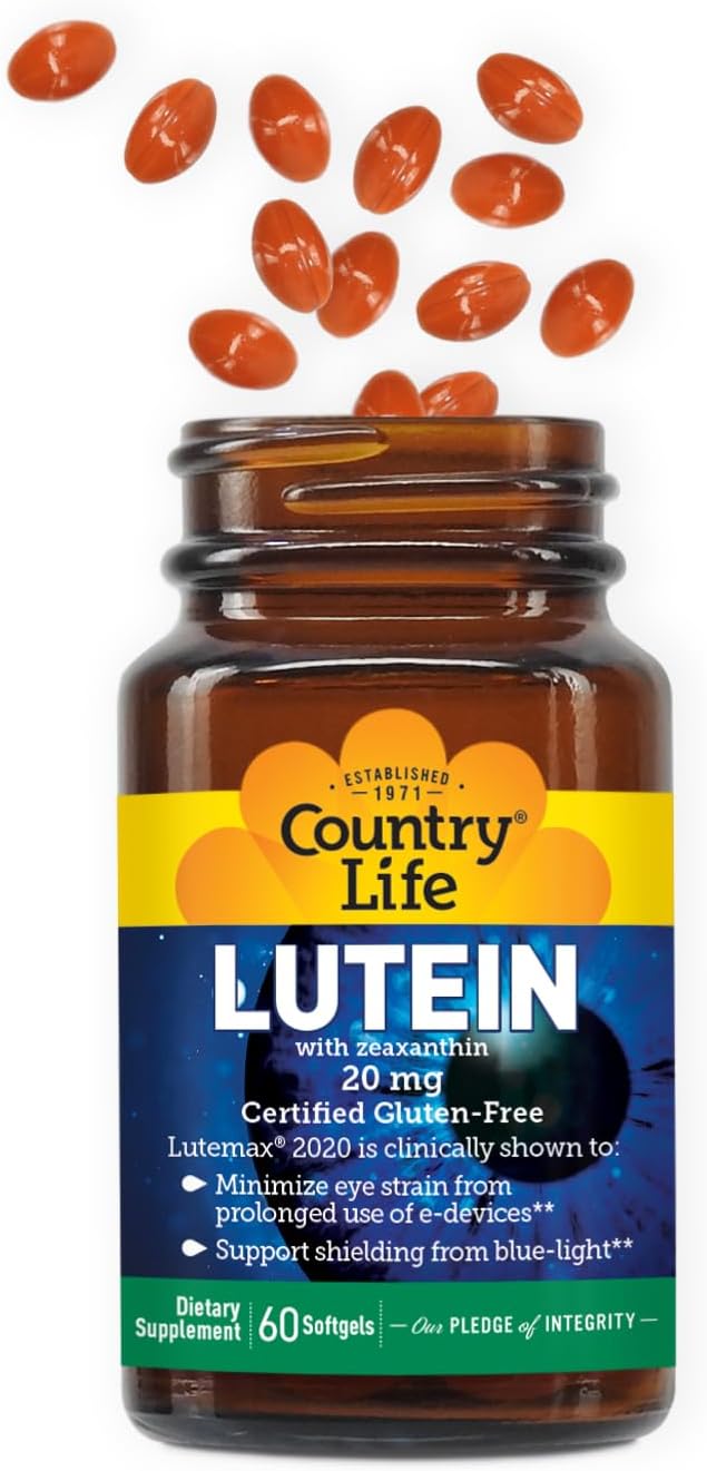 Country Life Lutein 20 mg Supplement - Certified Gluten-Free - Eye Health Support with Lutein and Zeaxanthin - Reduces Eye Strain from Screens - No
