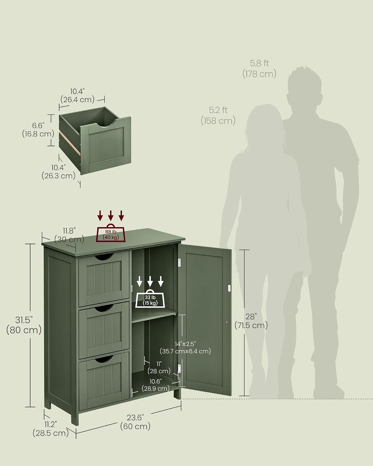 VASAGLE Floor Storage Cabinet, Freestanding Storage Unit with 3 Drawers, 1 Adjustable Shelf, for Bathroom Living Room Dining Kitchen, 11.8 x 23.6 x 31.5 Inches, Cloud White UBBC049WH01S