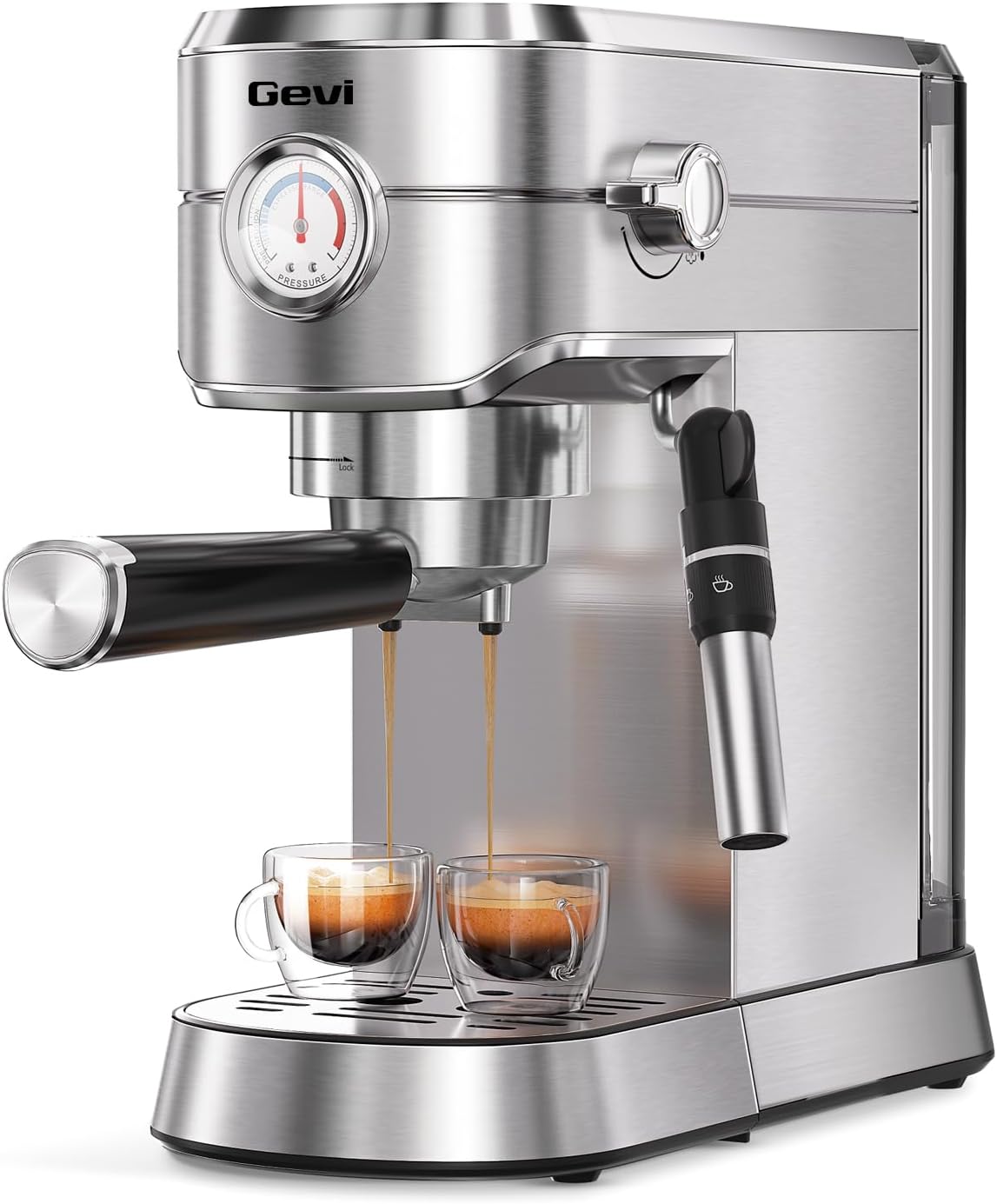 Gevi 20 Bar Espresso Machine with Milk Frother, Compatible with Pods&Ground | Compatible with Nespresso Pods&Ground, Built-in pressure gauge