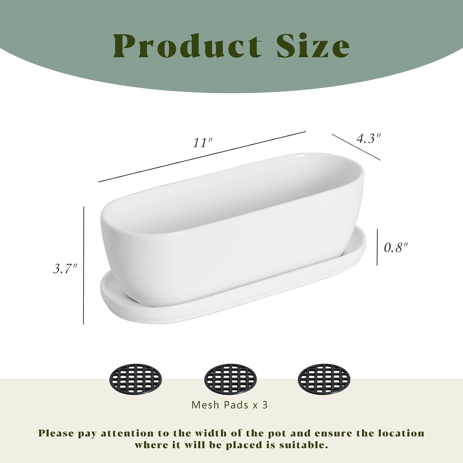 E-liu 11 Inch Oval Ceramic Planter Pot with Drainage Hole Saucers