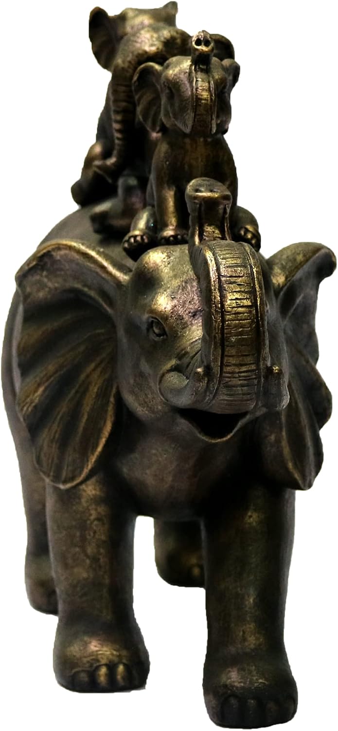 Nature's Mark 8" H 3 Baby Elephants Riding an Elephant Resin Statue Figurine Home Decorative Accent Decor (Brown)