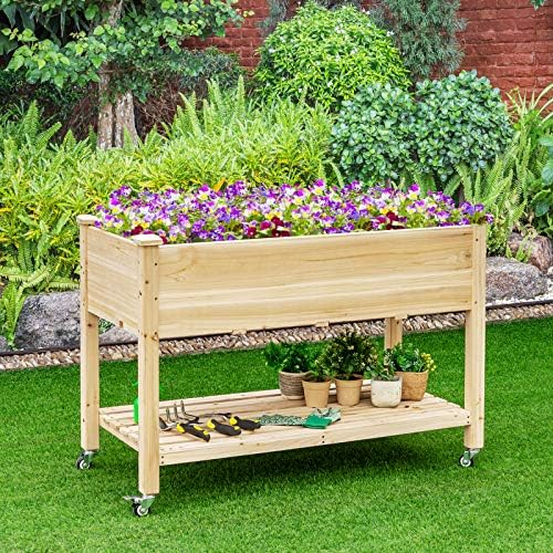 GIANTEX Raised Garden Bed on Wheels, Wood Planter Box with Legs, Liner, Drain Holes, Elevated Garden Bed for Vegetables