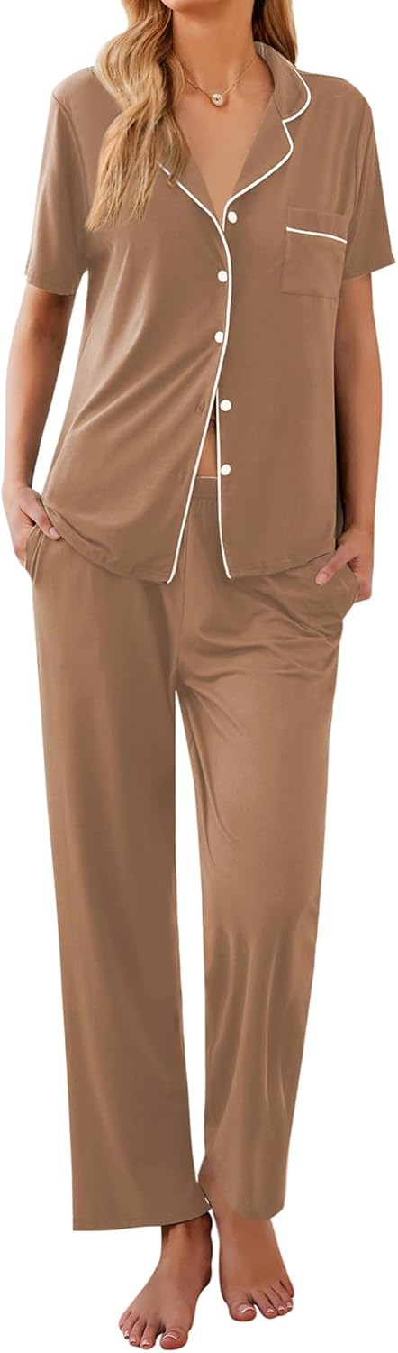 Ekouaer Womens Pajamas Set Short Sleeve Button Down Top & Pants Lounge Pjs