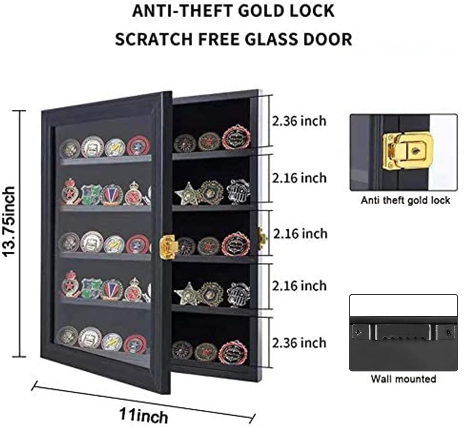 Jinchuan Military Challenge Coin Display Case Lockable Cabinet Rack Holder Shadow Box with Removable 2 Grooves Shelves and Anti Dust Door for Casino
