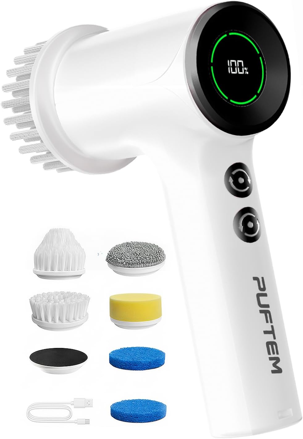 PUFTEM Shower Scrubber, Electric Spin Scrubber for Bathroom Cleaning – Cordless Shower Cleaner Brush with 6 Brush Heads, Dual-Direction Rotation