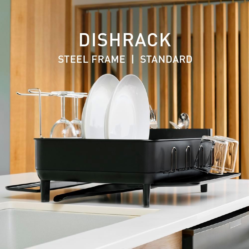 simplehuman Steel Frame Dishrack, Large Capacity Dish Drying Rack, 360º Easy Drain Swivel Spout, Utensil & Wine Glass Holder, Anti-Residue Coating