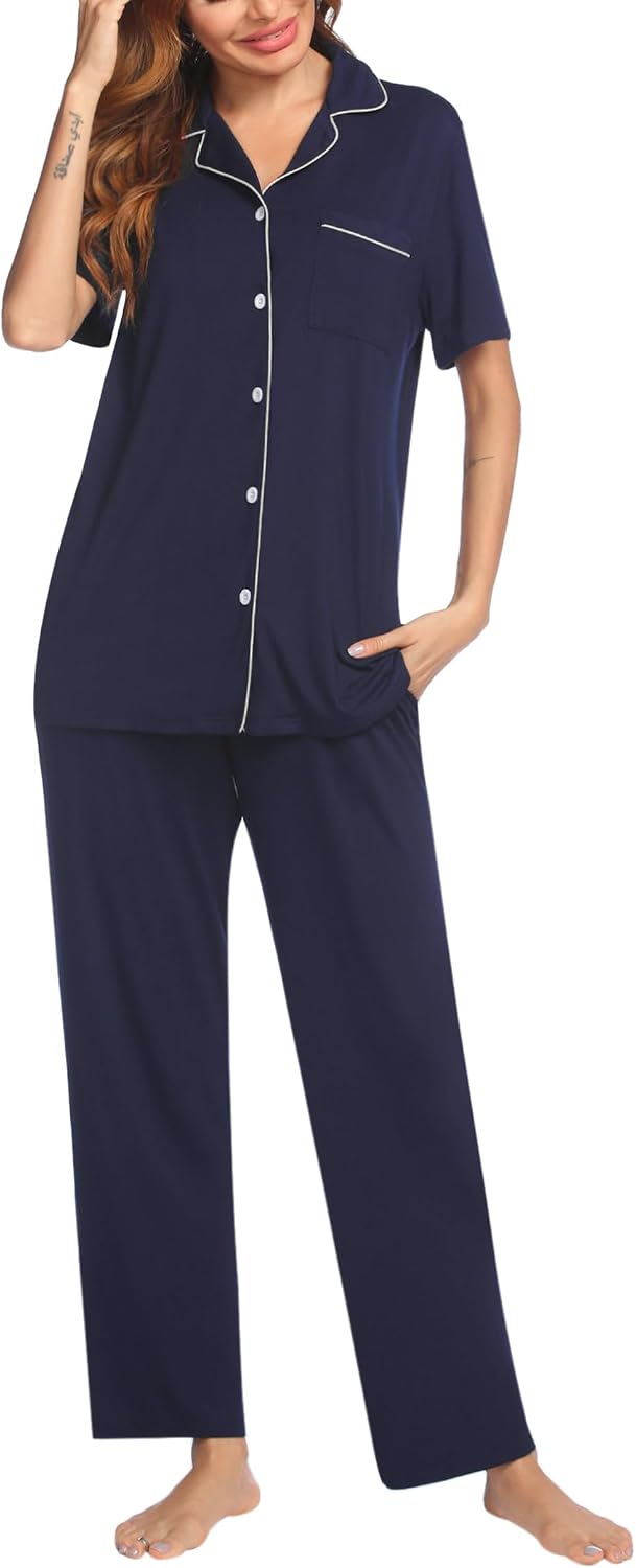 Ekouaer Womens Pajamas Set Short Sleeve Button Down Top & Pants Lounge Pjs