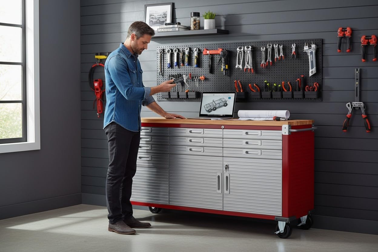 Heavy-Duty Rolling Workbench with Drawers and Cabinet, 77" W x 20" D x 37.5" H, (Red, 11 Drawer)