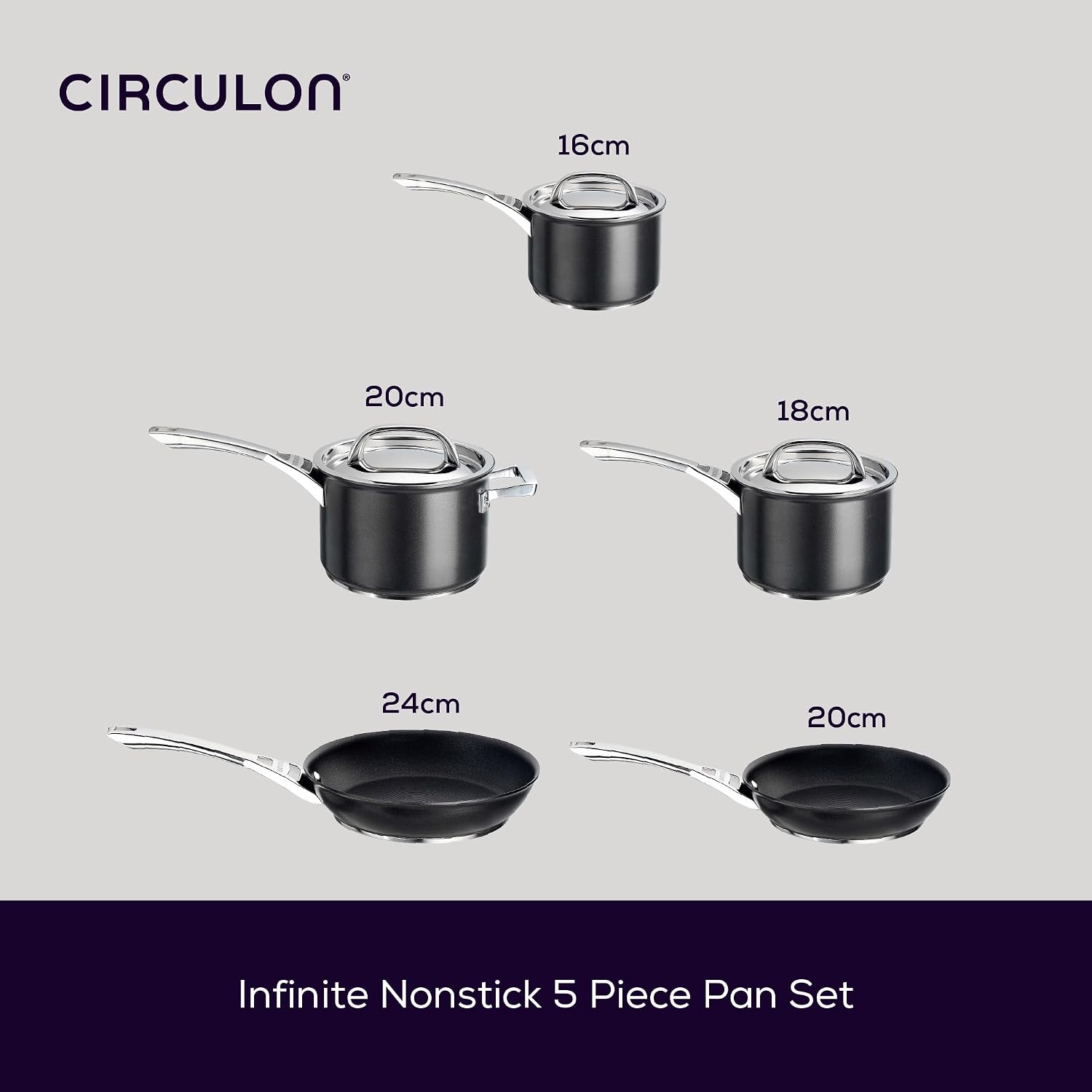 Circulon Infinite Induction Hob Pan Set - 6 Piece Non Stick Pots and Pans Sets with Stainless Steel Lids & Handles, Premium Dishwasher Safe Cookware, Black