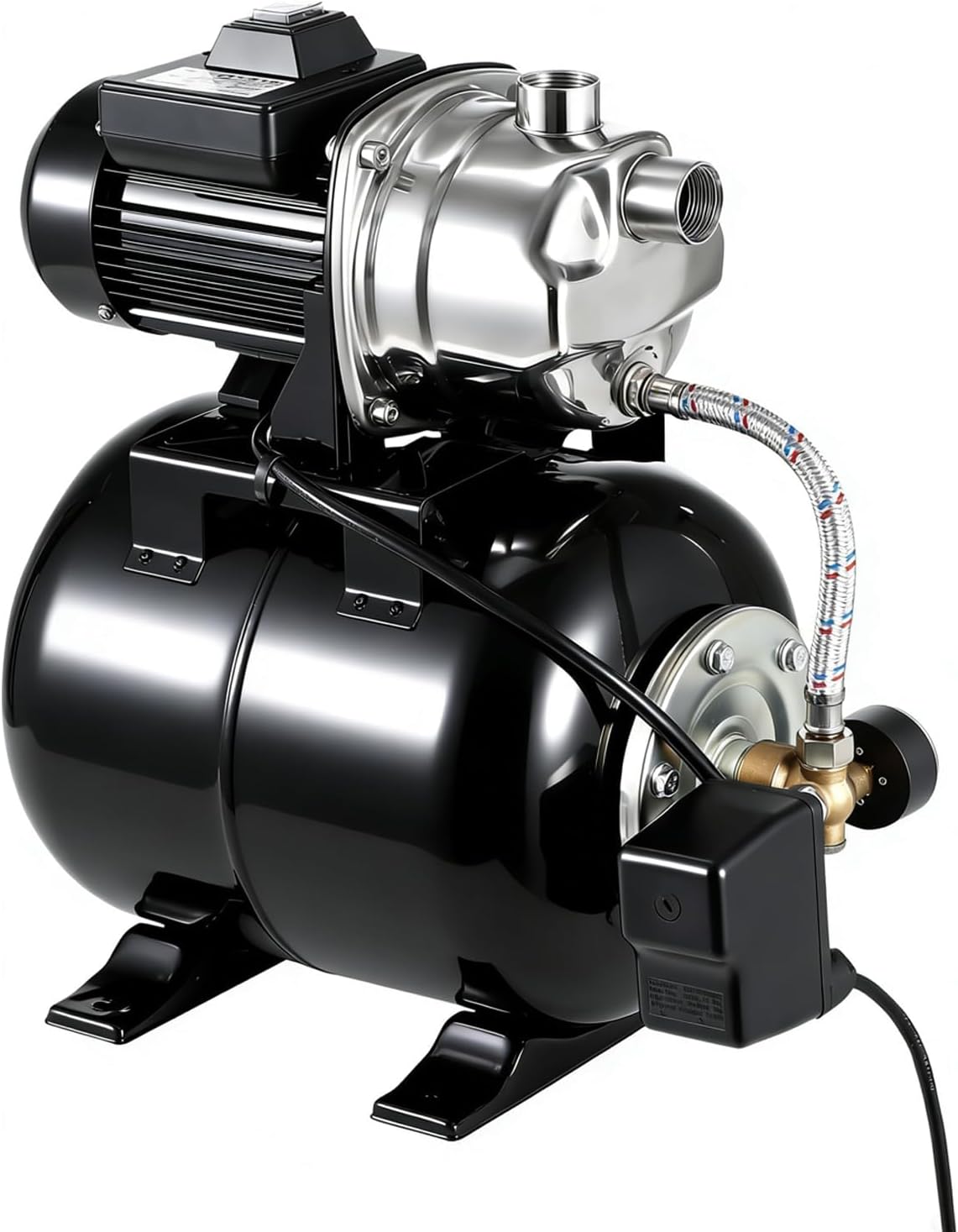 1HP Stainless Steel Water Transfer Pump with Well Pressure Tank – Shallow Well Pump & Irrigation Pump Combo, 130ft Max Lift, 20ft Suction Lift, Automatic Pressure Switch for Farm Use