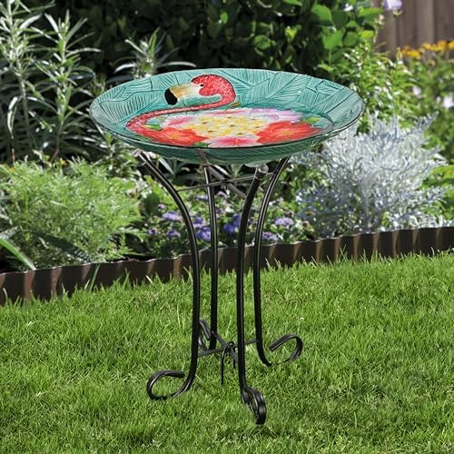 Teamson Home Handpainted Hummingbird Fusion Glass Birdbath Bowl Feeder with Metal Stand for Outdoor Patio Garden Backyard Decking, 21 Inch Height, Purple/Light Blue | Fusion Glass, Metal Stand, Outdoor Patio Garden Backyard Decking, 21 Inch Height
