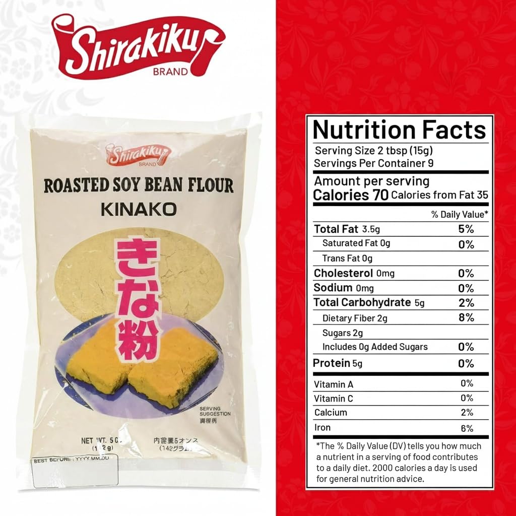 Shirakiku Kinako Japanese Roasted Soybean Flour - Additive-free Soybean Flour, Superfine Texture, Ideal for Baking & Cooking, 5 OZ (Pack of 1)