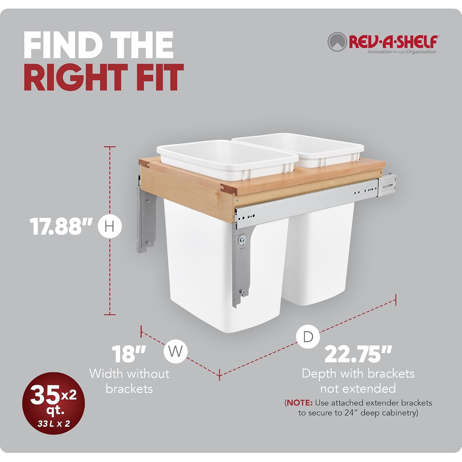 Rev-A-Shelf Top Mount Double Pullout Under Cabinet 35 Quart Kitchen Trash Cans with 150 Pound Rated Full-Extension Slides, 4WCTM-21DM2