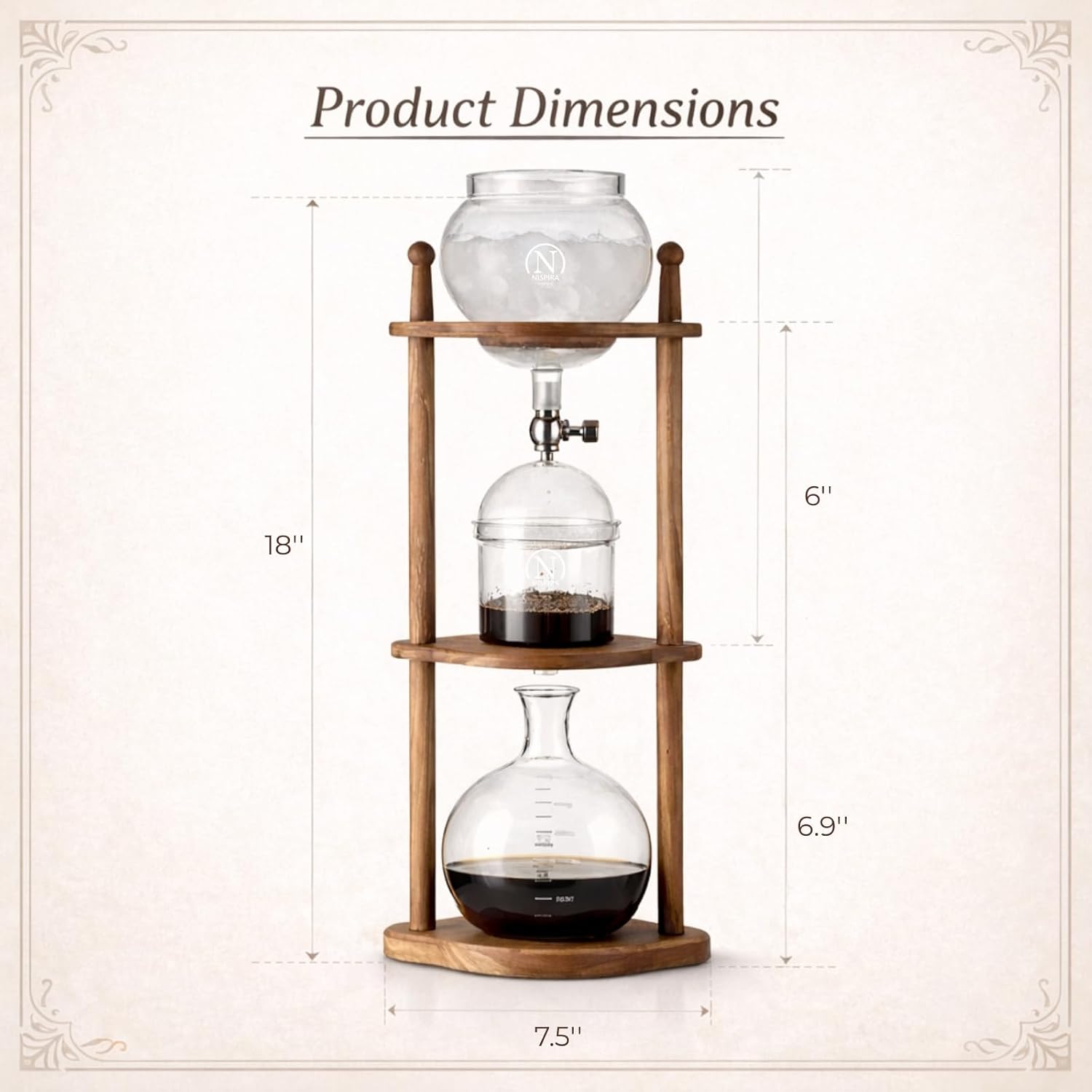 Nispira Iced Coffee Cold Brew Drip Tower Coffee Maker, 6–8 Cup Manual Cold Brew Brewer with Adjustable Valve, Wooden Frame & Glassware, Slow Cold Extraction System