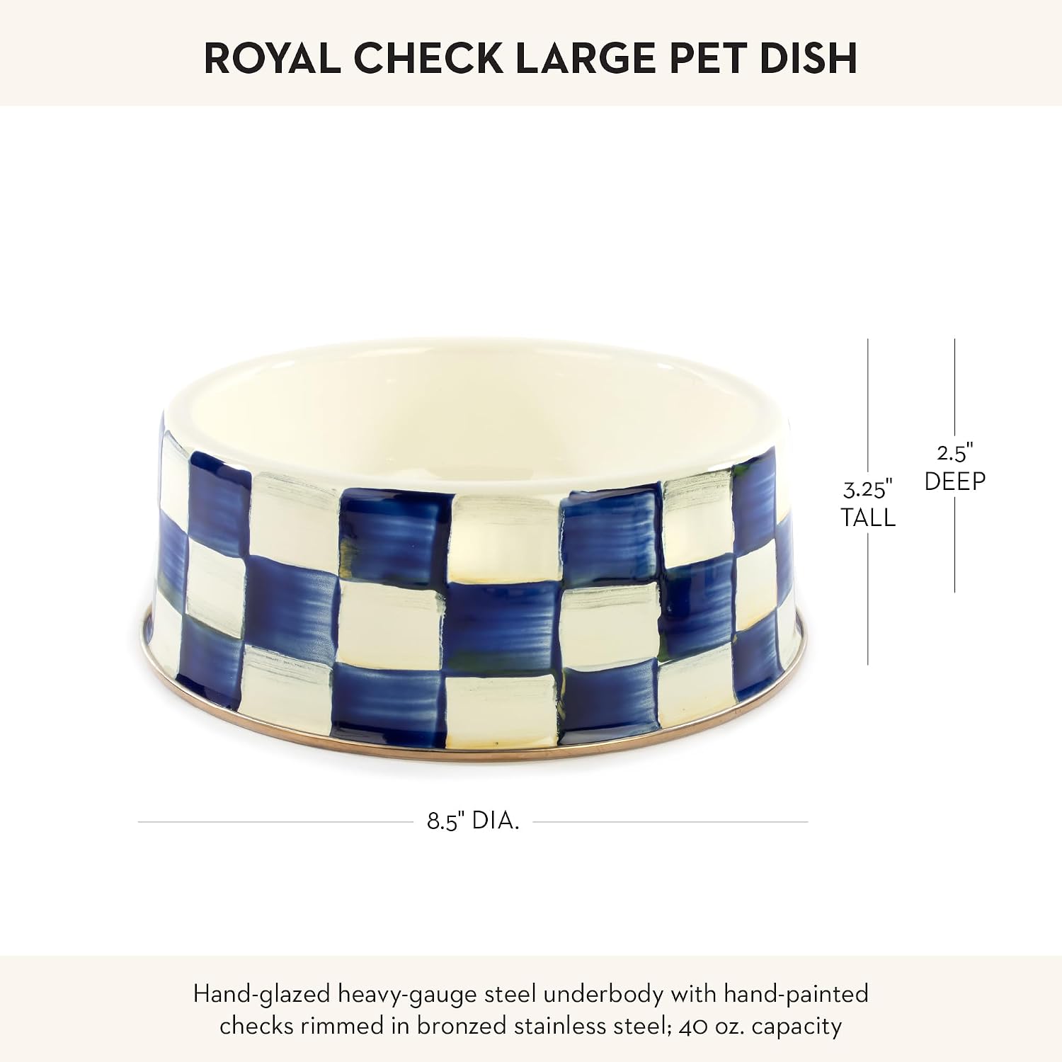 MACKENZIE-CHILDS Enamel Pet Dish, Large, Black-and-White Courtly Check | Decorative cat and dog bowl for food and water, 40-ounce capacity