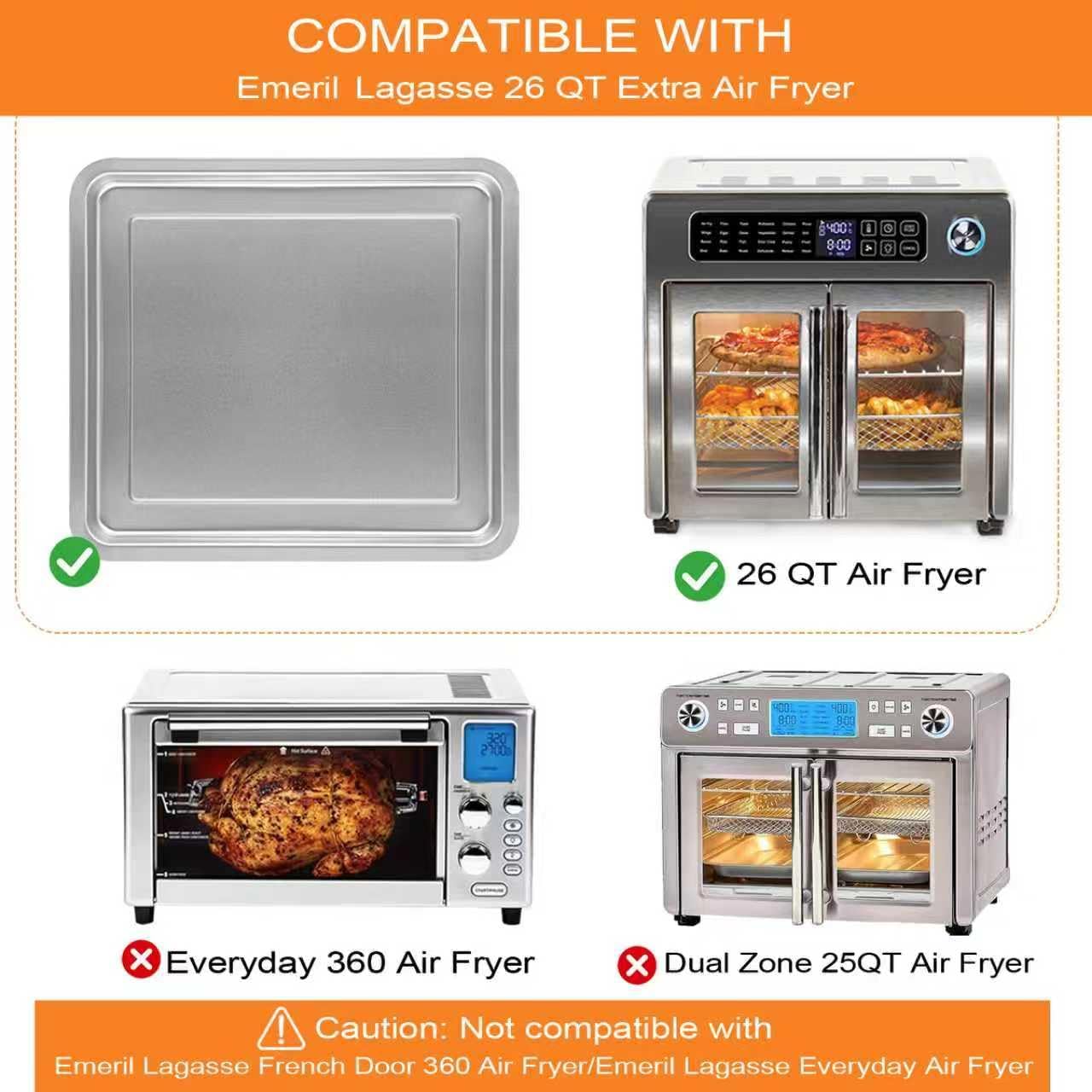 Air Fryer Grill Pan for Emeril Lagasse Everyday 360 Air Fryer, 12''×10'' Stainless Steel Air Fryer Accessories Replacement Crisper Tray Bake Pan, Not fit for Emeril Lagasse 26 QT 25 QT French Door