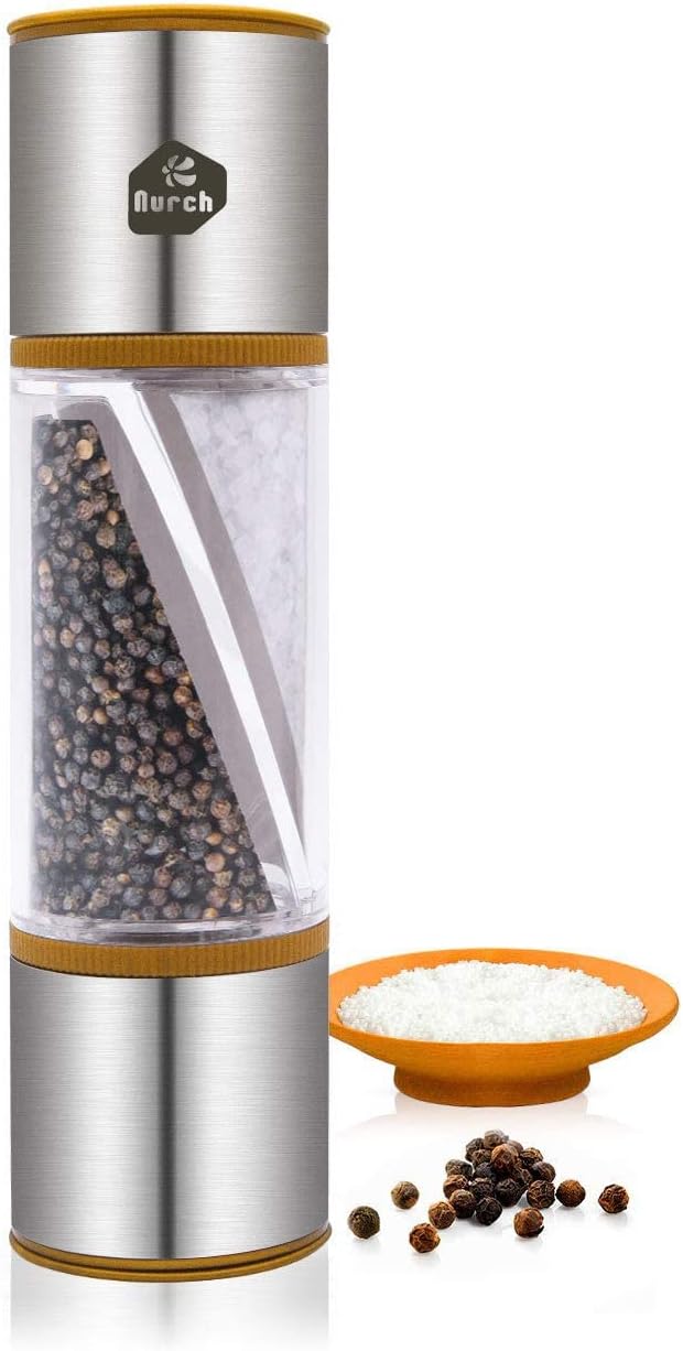 2 in 1 Salt and Pepper Grinder, Clear Acrylic Salt Grinders and Pepper Mill with Adjustable Coarseness Ceramic Rotor, Brown