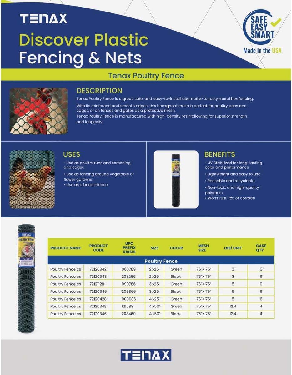 Tenax Poultry Fence - Green Plastic Poultry Fencing, Lightweight, Weather Resistant - 3-ft x 25-ft - Plastic