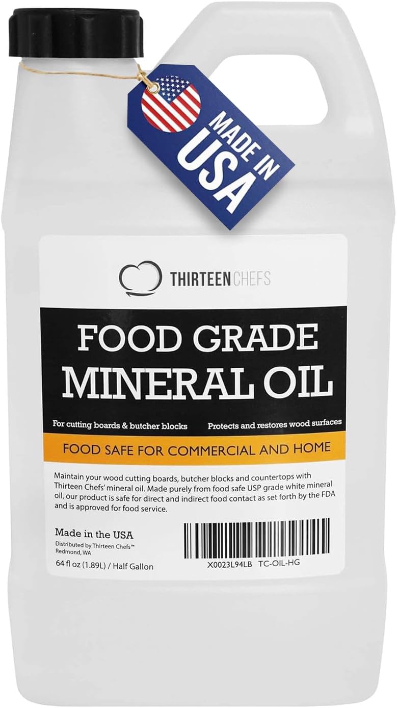Thirteen Chefs Mineral Oil - 12oz Food Grade Conditioner for Wood Cutting Board, Countertop & Butcher Block, Lubricant for Knife or Meat Grinder - Safe USP Finish on Marble, Soapstone