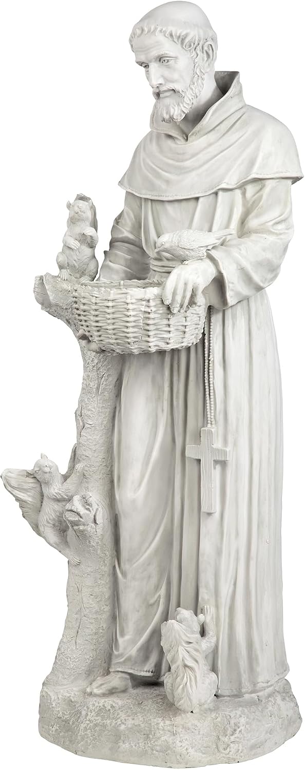 Design Toscano Francis of Assisi Blessing Religious Garden Decor Statue with Bird Bath Feeder, 19 inches Tall, Cast Stone Resin, Gray Stone Finish