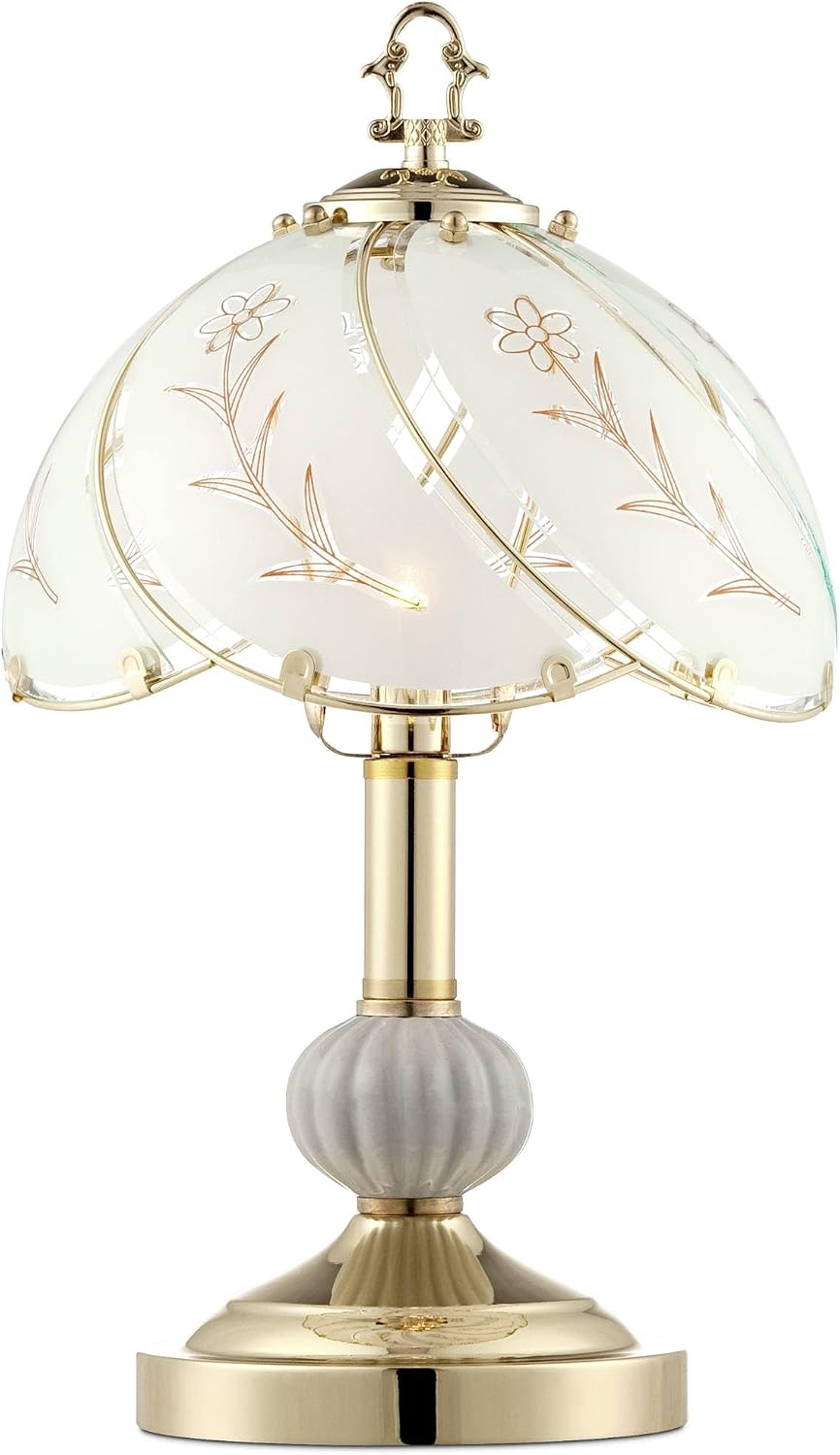 Polished Brass Flower Petal 15" Small Table Lamp Gold Touch 4-Way Glass Off | Etched Shade Art Traditional Cottage Floral Bedroom House Bedside Nightstand Home Office Living Room