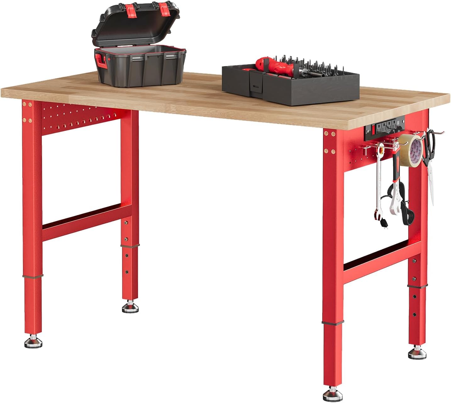 SPECRAFT Adjustable Black Heavy-Duty Workbench | 2000 Lbs Capacity, Rubber Wood Top, 4 AC Outlets and 2 USB Ports, for Garage, Workshop and Office