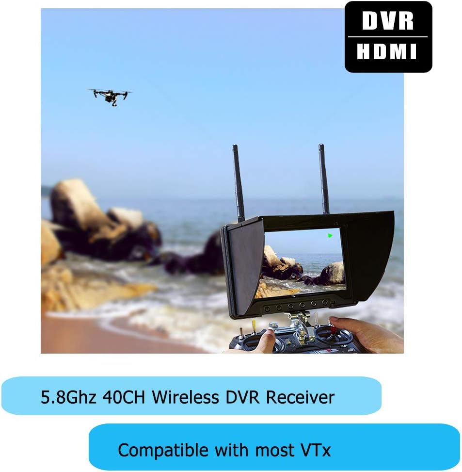 Black Pearl Diversity Monitor RC801 FPV Monitor with DVR 5.8Ghz 40CH 7inch FPV Screen Receiver Built in Battery with Sunshade Hood for RC Racing